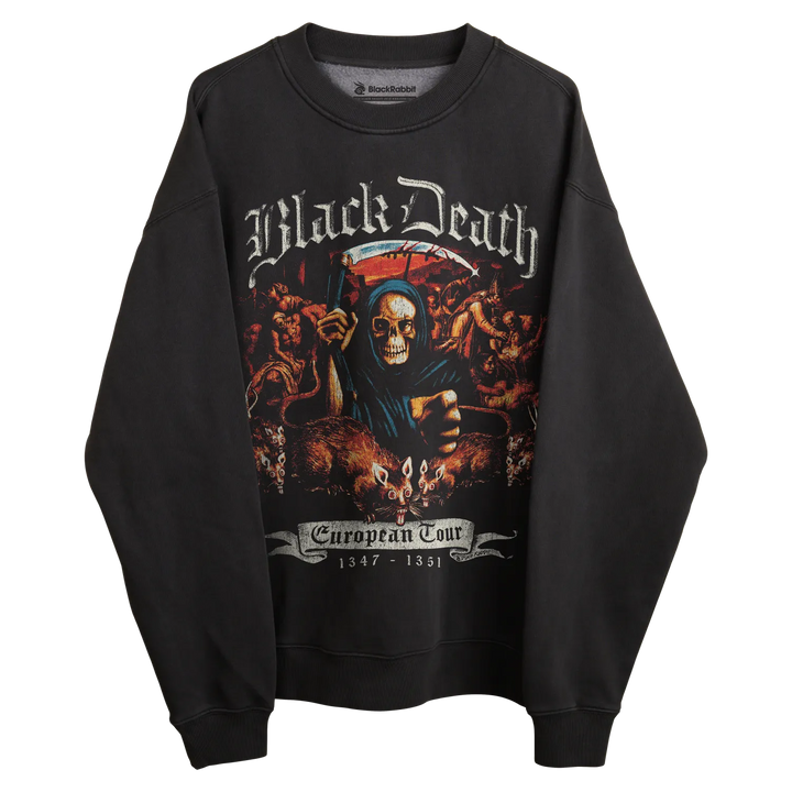 Black sweatshirt with ’black death’ european tour design featuring a grim reaper and skulls, made of cotton.