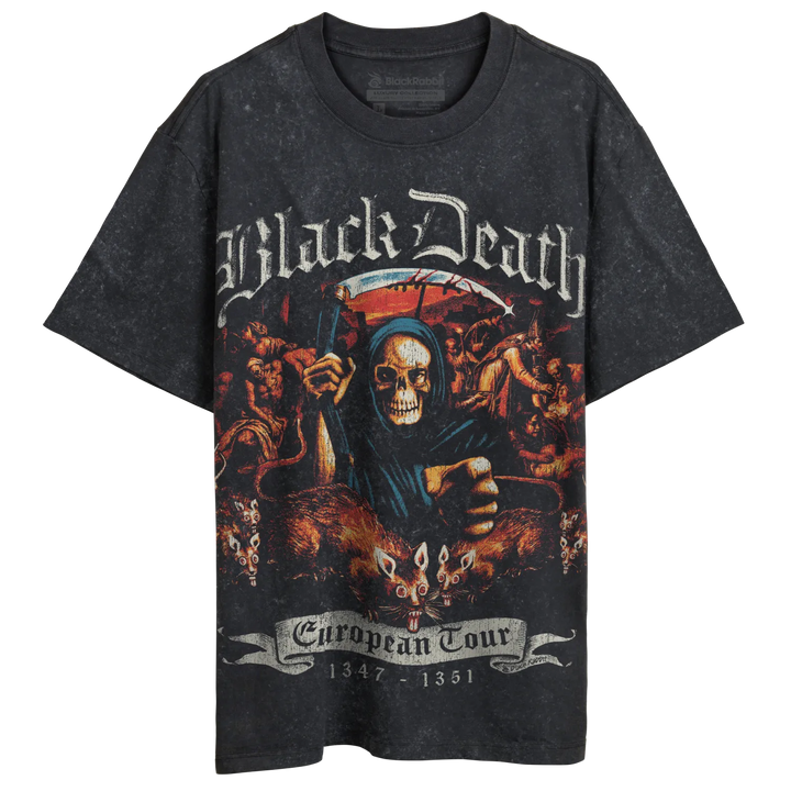 Black t-shirt with grim reaper design and ’black death’ text, european tour 1347-1561 graphic.