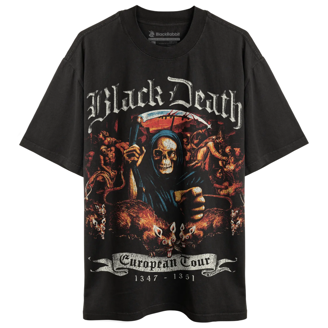 Black t-shirt with ’black death european tour 1347-1851’’ design featuring a skull and crossbones, hooded figure holding a scythe.