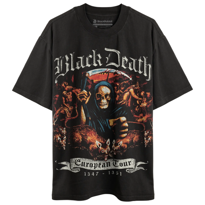 Black t-shirt with ’black death european tour 1347-1851’’ design featuring a skull and crossbones, hooded figure holding a scythe.