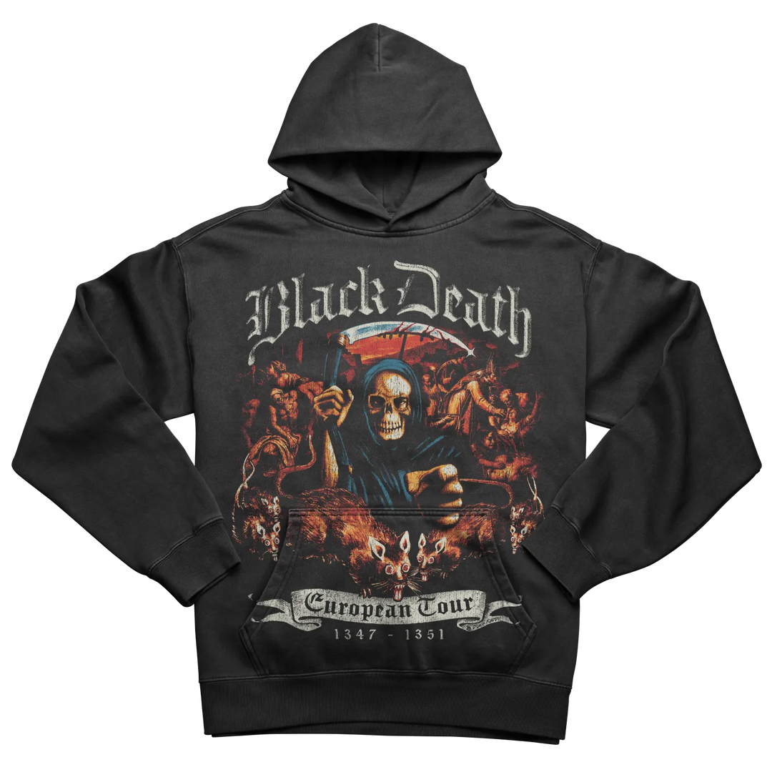 Black hoodie with skull design and ’black death european tour’ text, 1347-1804 date range.