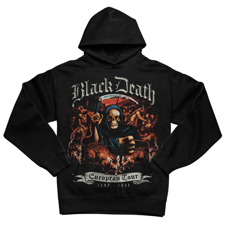 Black hoodie with ’black death’ design featuring a skull and flames, 1347-1851 european tour.