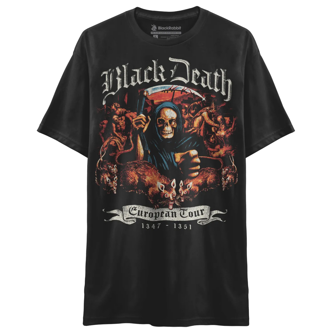 Black t-shirt with ’black death european tour 1347-1561’’ design featuring a grim reaper and various skulls, made of cotton.