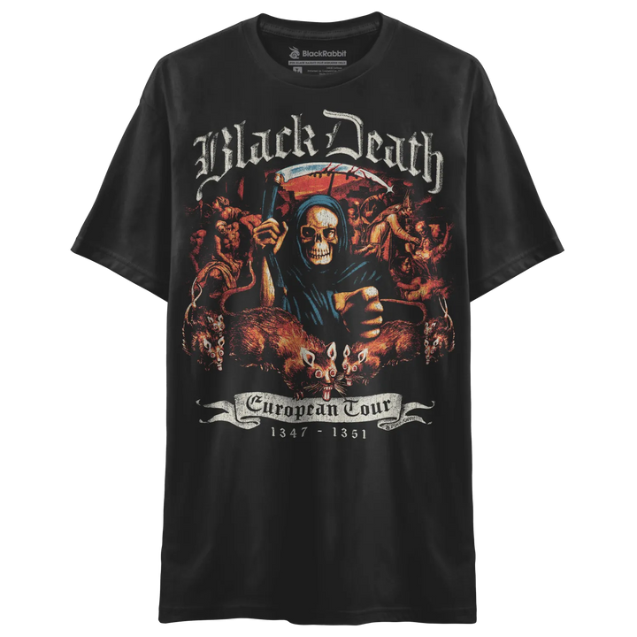 Black t-shirt with ’black death european tour 1347-1561’’ design featuring a grim reaper and various skulls, made of cotton.
