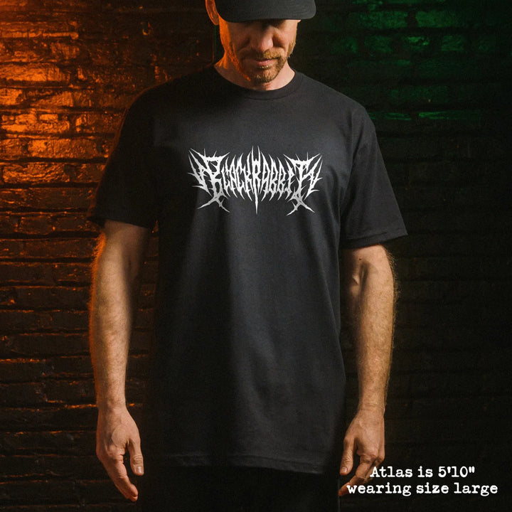 Male model wearing black premium tee with black rabbit death metal graphic 