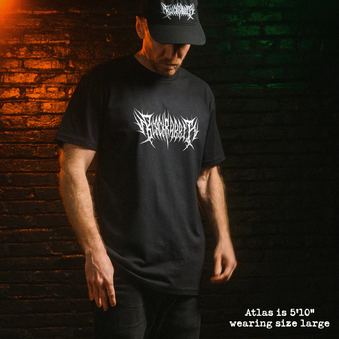 Male model wearing black premium tee with death metal graphic 