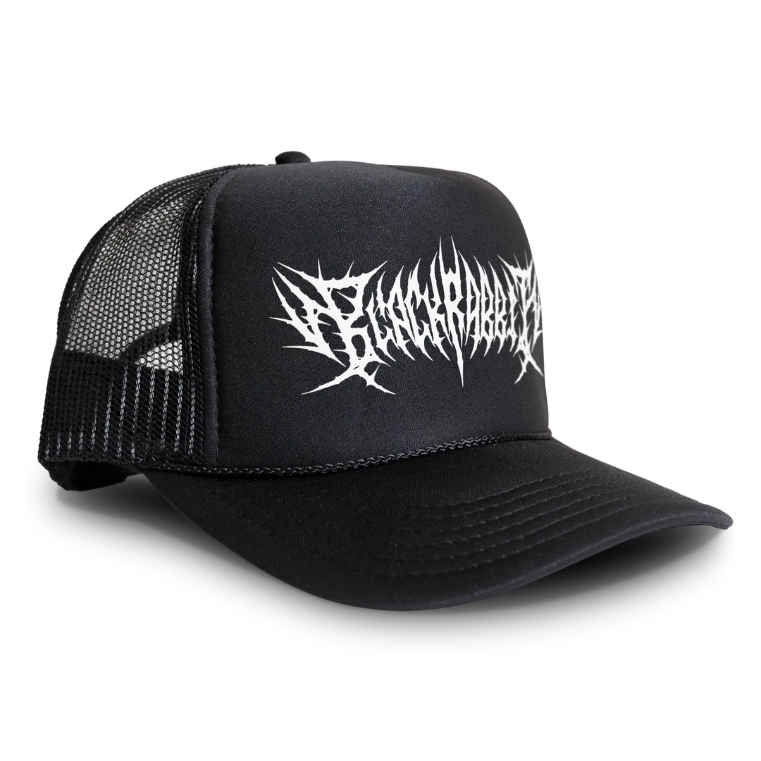 Black trucker hat with a white spiked logo on the front.