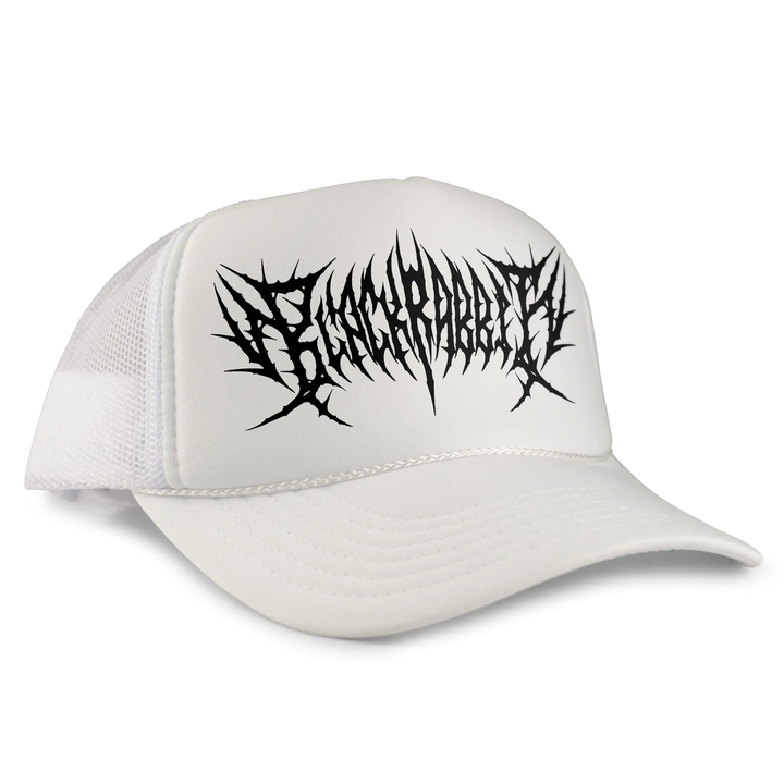 White trucker hat with a black spiked font design across the front.