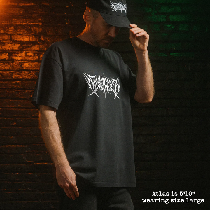 Model wearing heavy tee with black rabbit death metal graphic 
