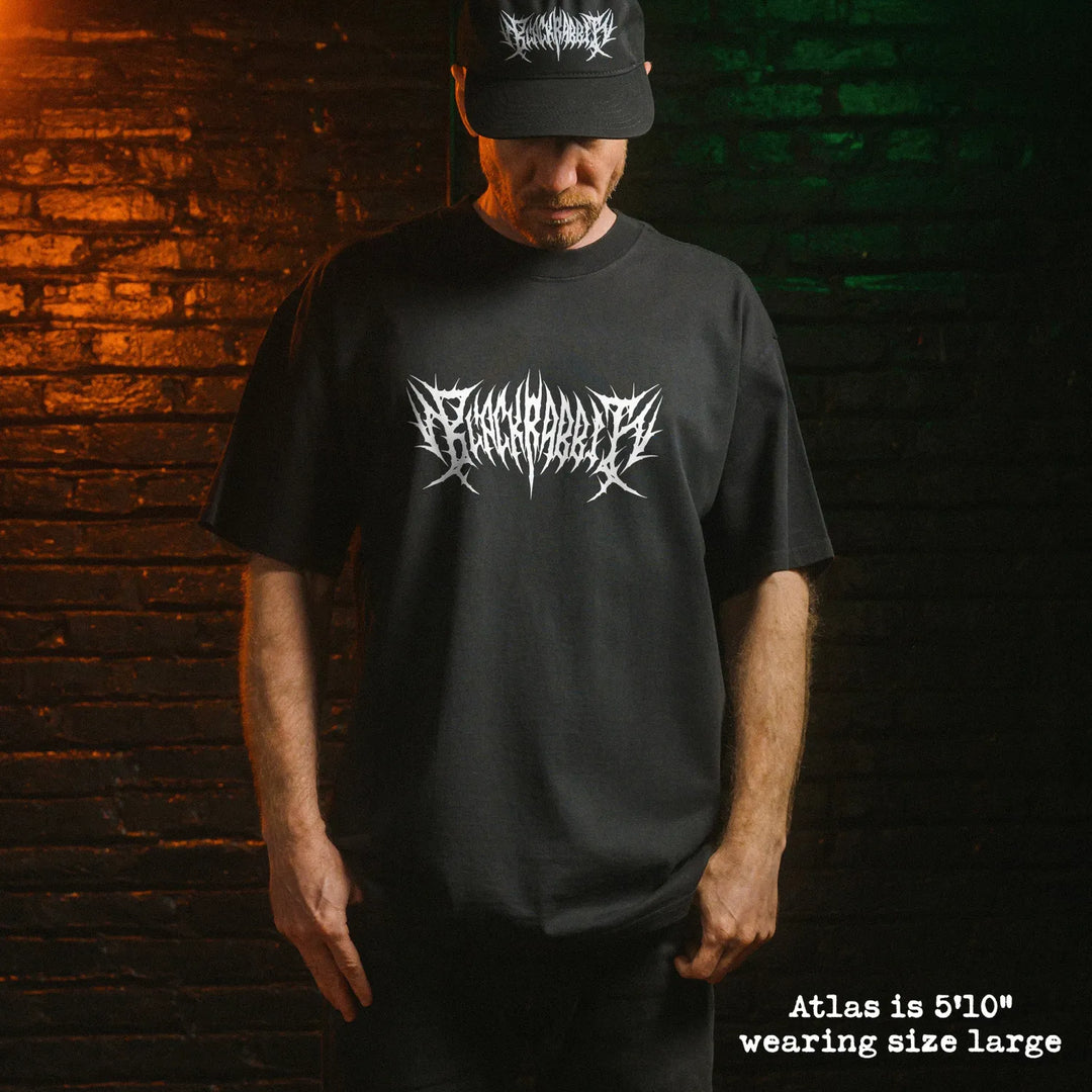 Model wearing heavy tee with death metal 