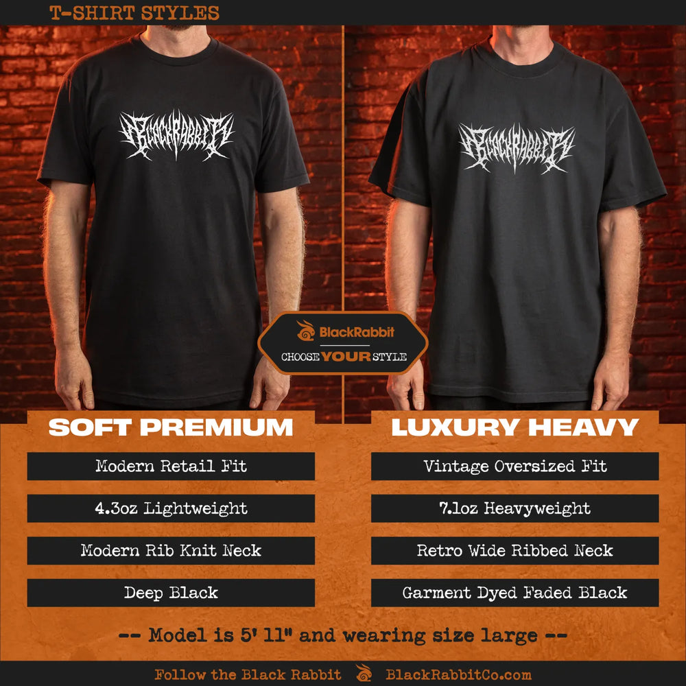 Black rabbit brand black t-shirts featuring a white, stylized gothic font logo across the chest.