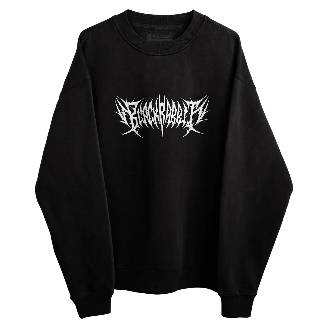 Black crewneck sweatshirt with a white, spiky gothic-style logo across the chest.