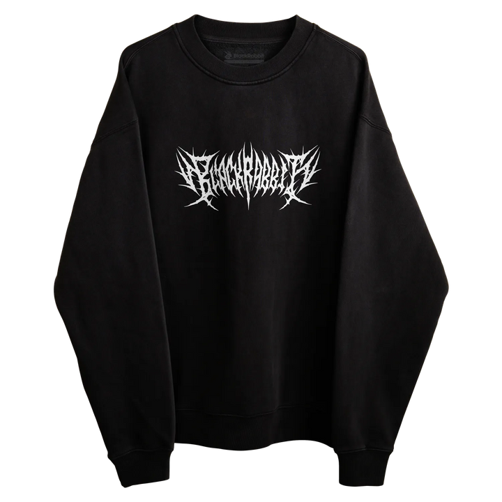 Black crewneck sweatshirt with a white, spiky gothic-style logo across the chest.