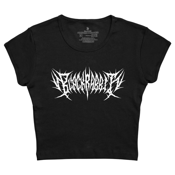 Black cropped t-shirt with a white, spiky gothic font graphic across the chest.