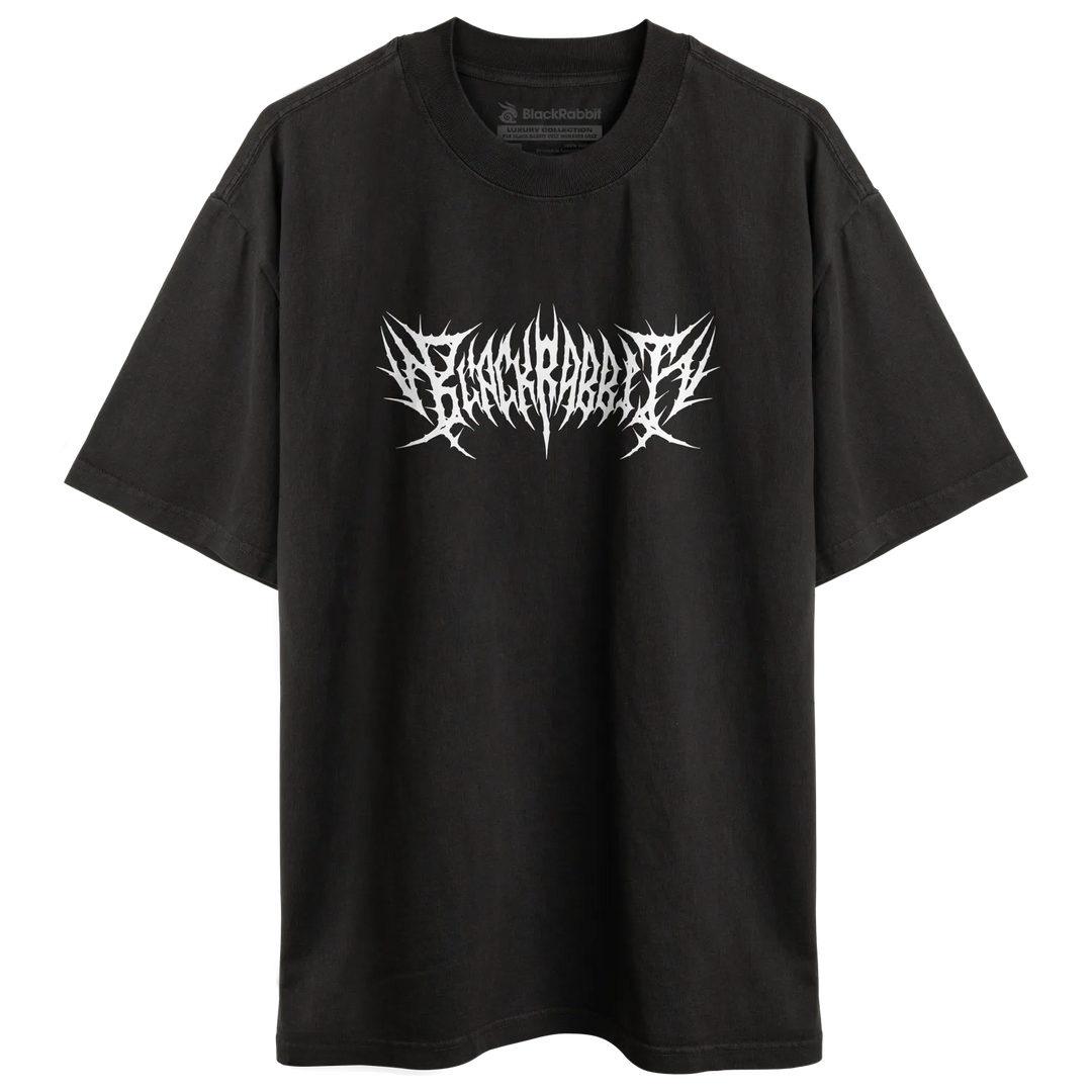 Black short-sleeved t-shirt with a white, spiky gothic font graphic across the chest.
