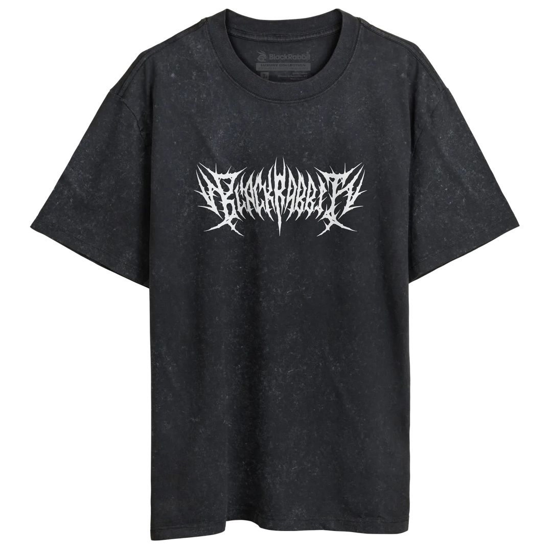 Black distressed cotton t-shirt featuring a white spiked gothic font graphic across the chest.