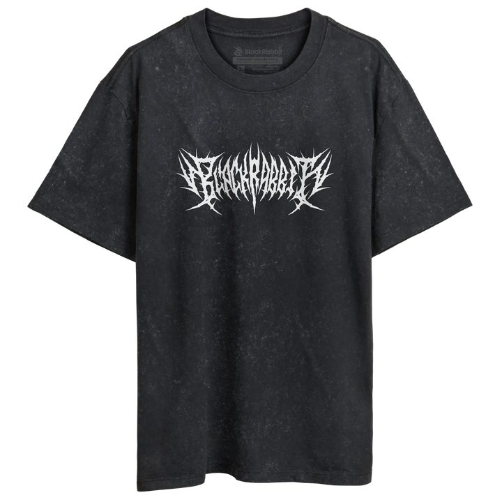 Black distressed cotton t-shirt featuring a white spiked gothic font graphic across the chest.