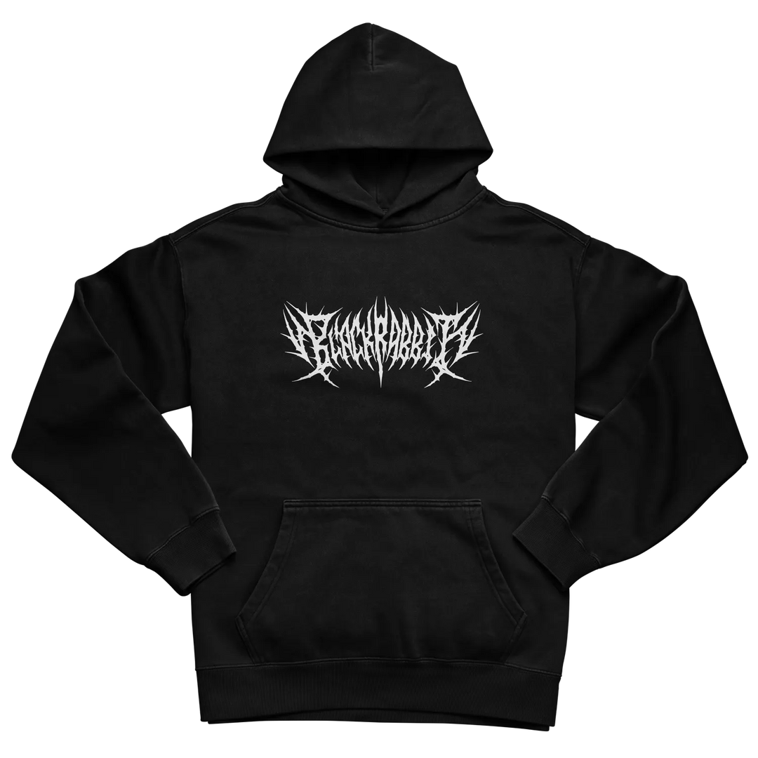 Black hoodie with a white, spiky gothic-style logo across the chest.