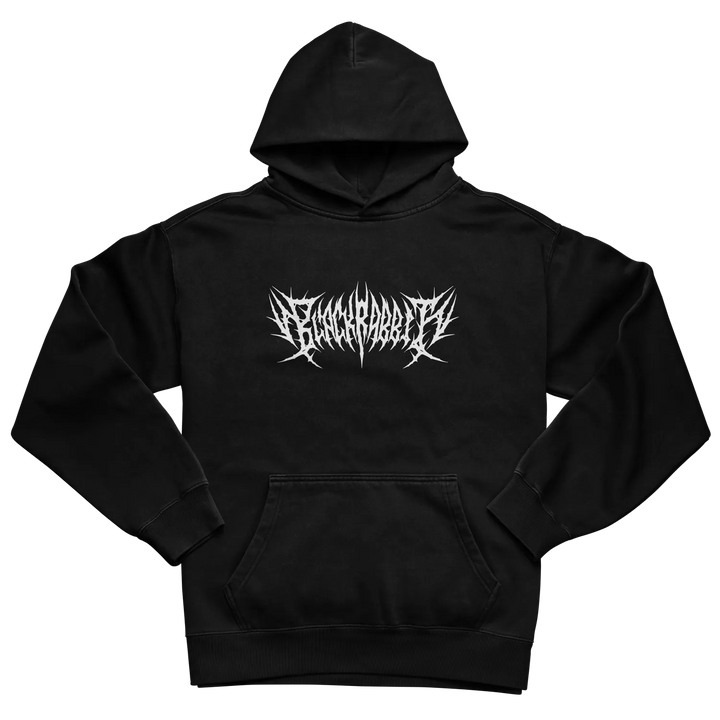 Black hoodie with a white, spiky gothic-style logo across the chest.