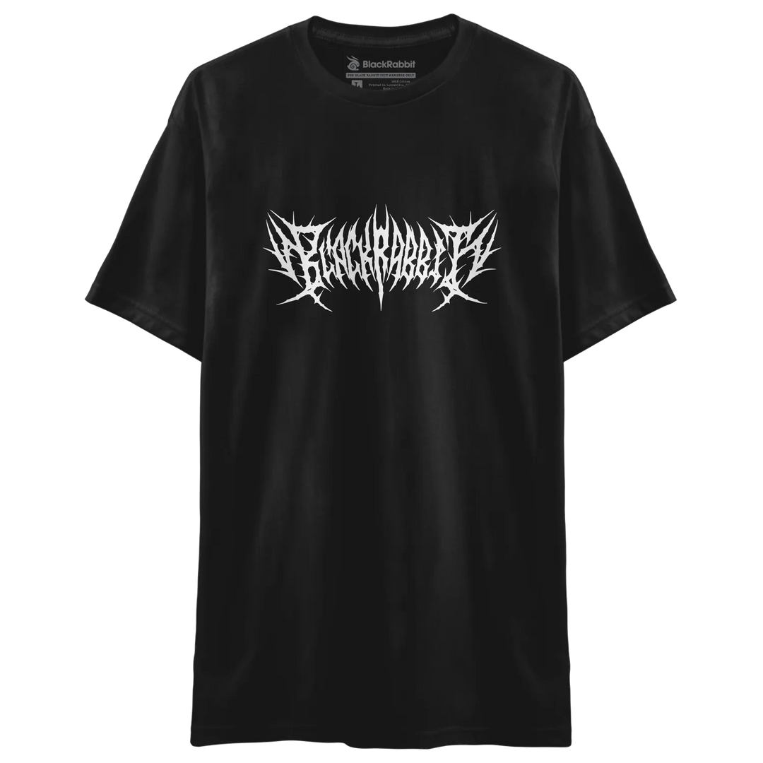 Black rabbit brand black t-shirt featuring a bold white spiked gothic font across the chest.