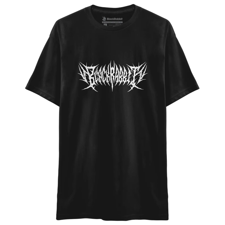 Black rabbit brand black t-shirt featuring a bold white spiked gothic font across the chest.