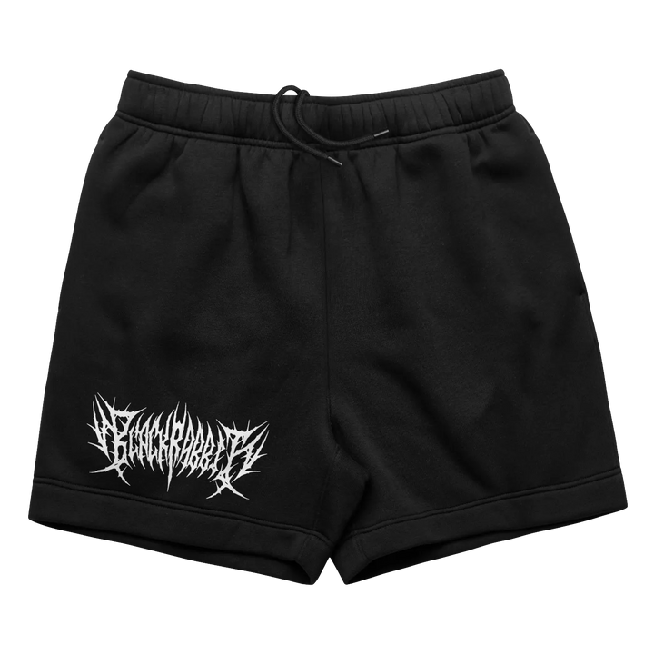 Black rabbit death metal unisex fleece sweat shorts in black with white spiked font logo and self-fabric elasticated waistband