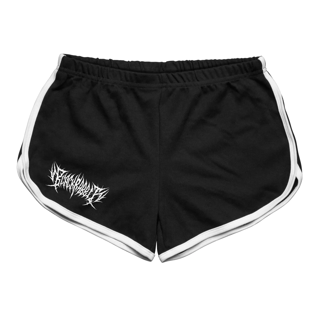 Black athletic shorts with white side stripes and a spiked white logo on the left leg.