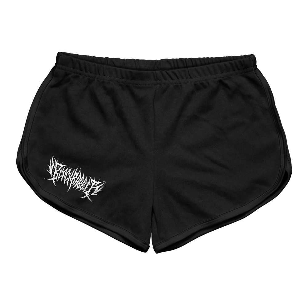 Black athletic shorts with a white, spiky font logo on the left leg.