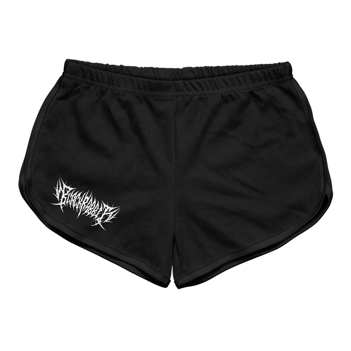 Black athletic shorts with a white, spiky font logo on the left leg.