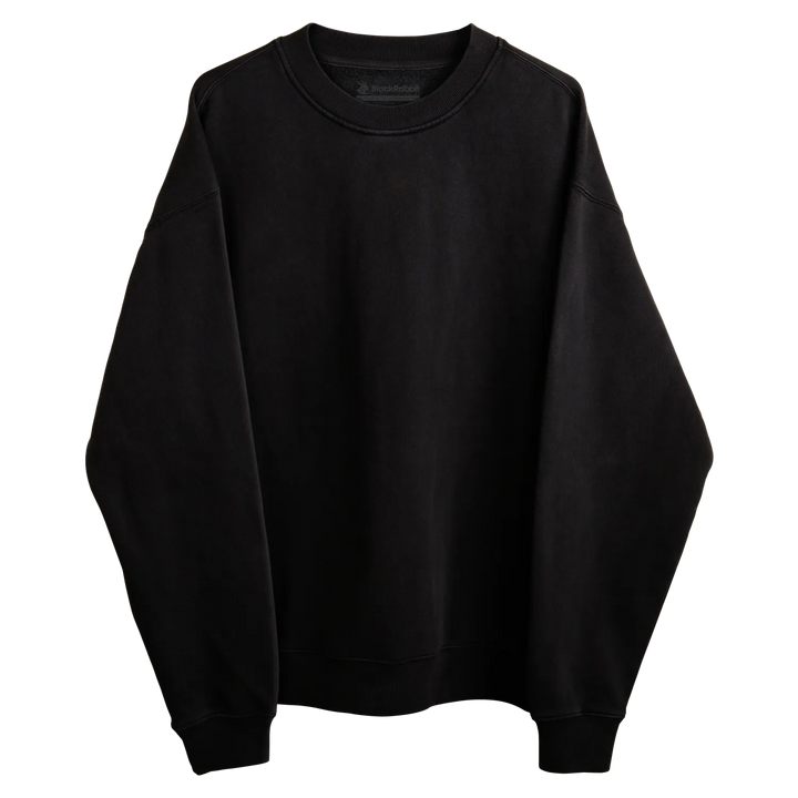 Blank black rabbit crewneck sweatshirt in black with ribbed cuffs and hem for casual comfort and style