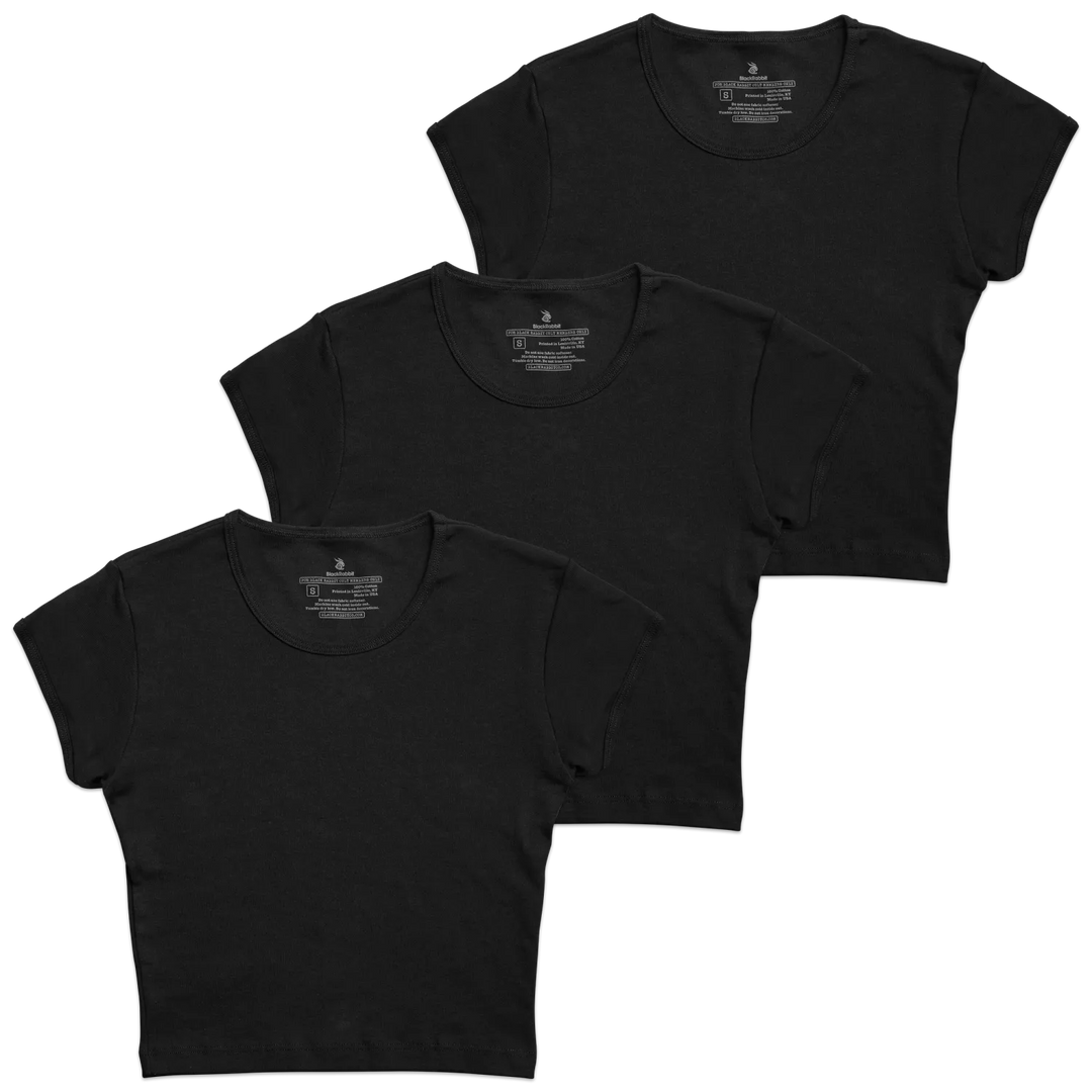 Three black cotton cropped t-shirts with short sleeves and round neckline in blank black rabbit crop baby tee style