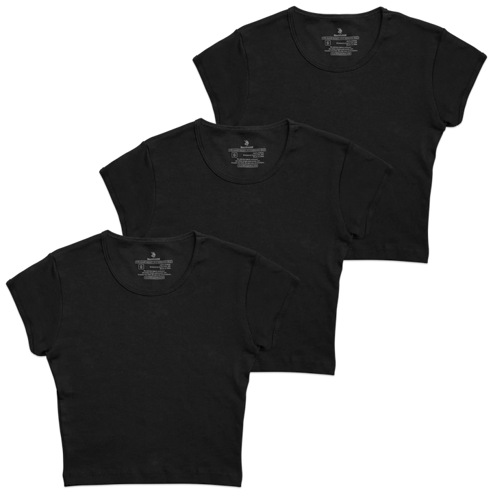 Three black cotton cropped t-shirts with short sleeves and round neckline in blank black rabbit crop baby tee style