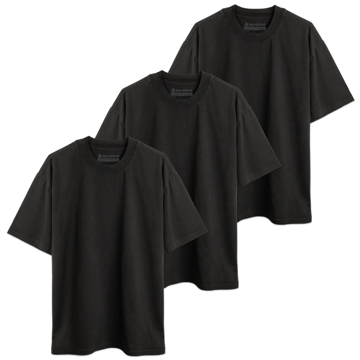 Three dark gray oversized crew-neck t-shirts with subtle brand tags in blank black rabbit luxury heavy tee collection