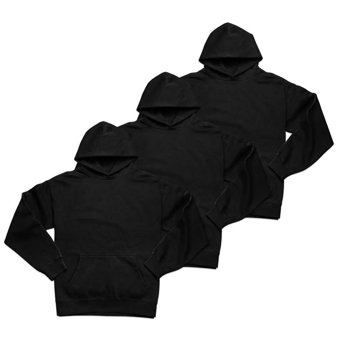 Three black hooded sweatshirts with subtle embroidered l on chest from blank black rabbit luxury hoodie collection