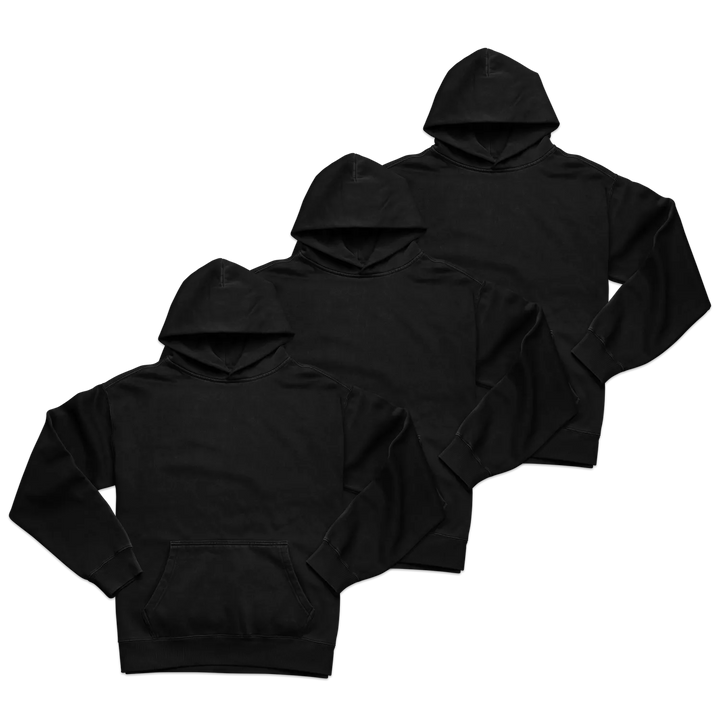 Three black hooded sweatshirts with subtle embroidered l on chest from blank black rabbit luxury hoodie collection