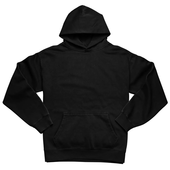 Black hooded sweatshirt with front pocket and ribbed cuffs in a blank black rabbit luxury hoodie design
