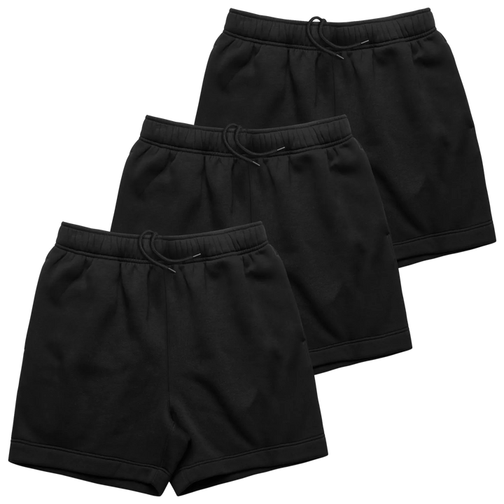 Black cotton unisex sweat shorts with elastic waistband and drawstring for comfortable casual wear