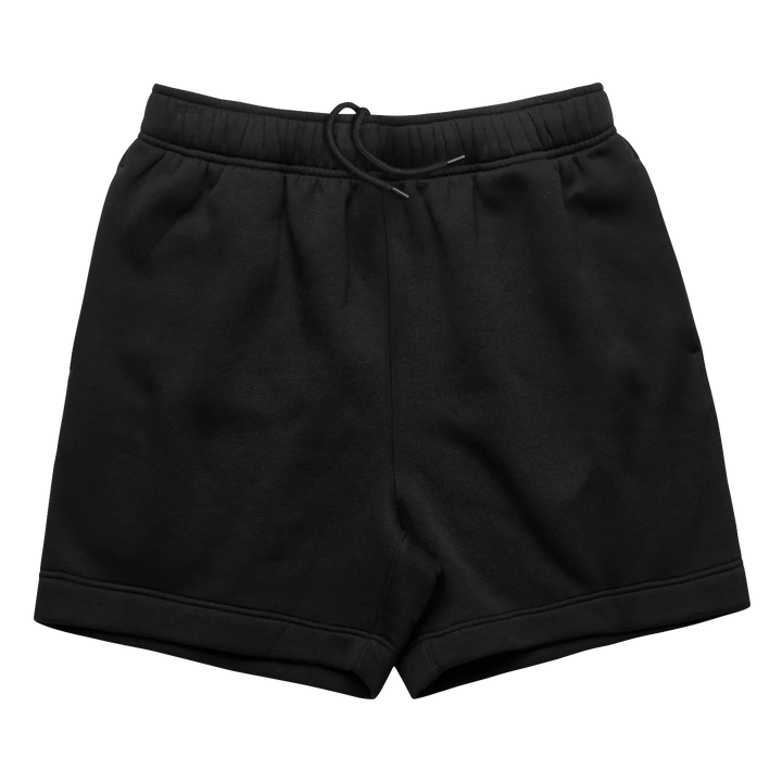 Black cotton unisex sweat shorts with elastic waistband and drawstring for comfortable casual wear