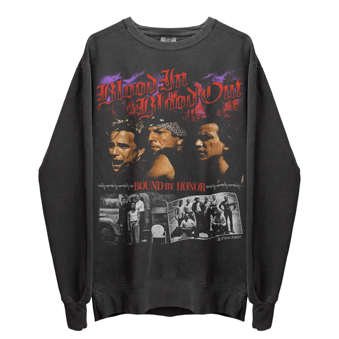 Charcoal gray long-sleeve crewneck sweatshirt with a colorful graphic print.