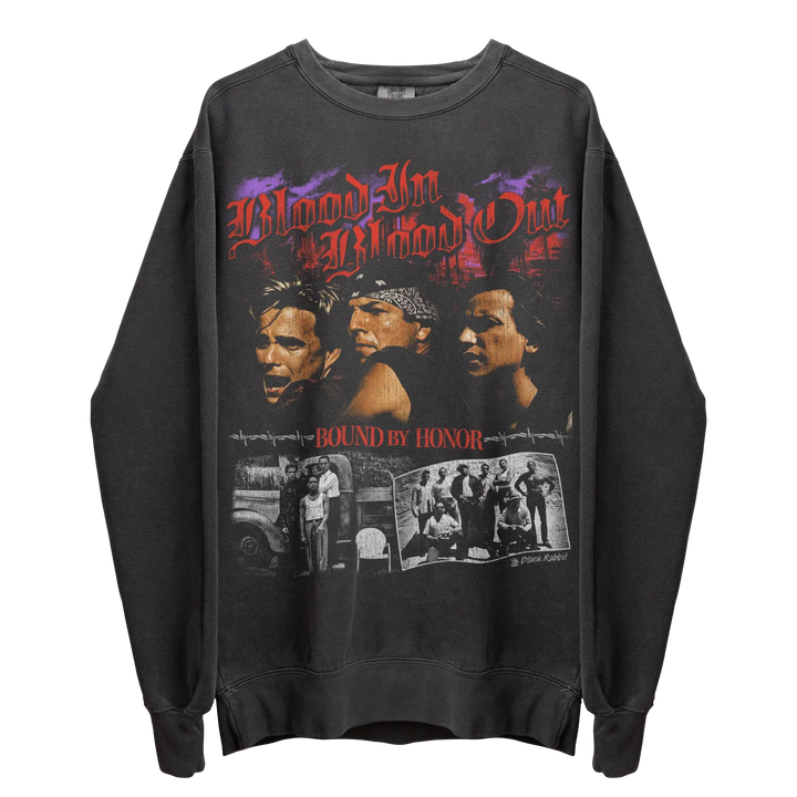 Charcoal gray long-sleeve crewneck sweatshirt with a colorful graphic print.