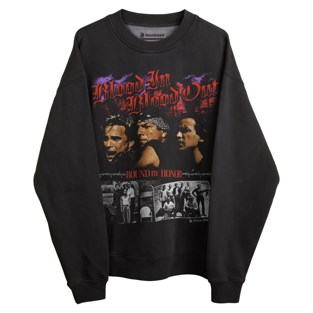 Black crewneck sweatshirt with graphic design of ’blood in blood out’ and photos, bandidos brand.