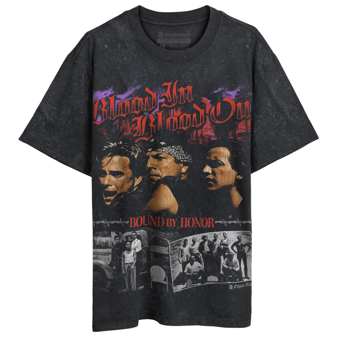 Dark grey graphic t-shirt with a vintage wash.