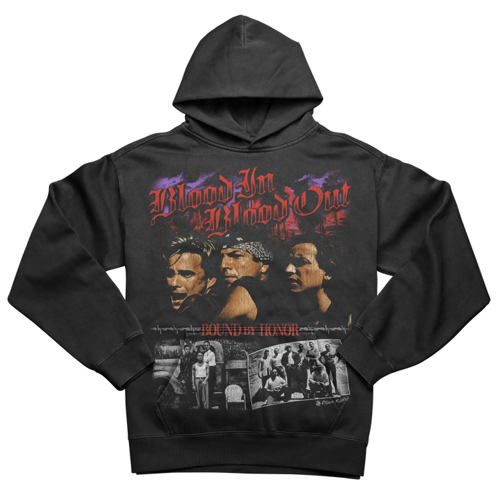 Black hoodie with a graphic print featuring three men’s faces, the title ’Blood In Blood Out,’ and smaller black-and-white photos.