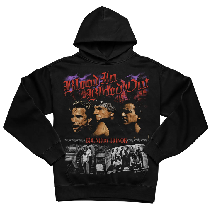 Black hoodie with graphic design featuring ’blood in, blood out’ text and images of three men.