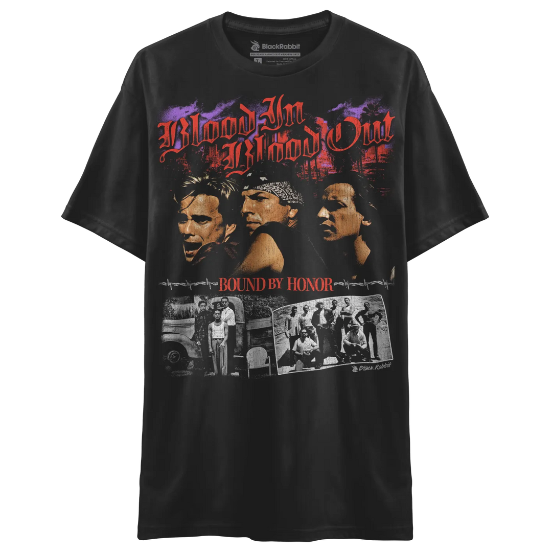Black t-shirt with a ’Blood In Blood Out’ movie graphic.