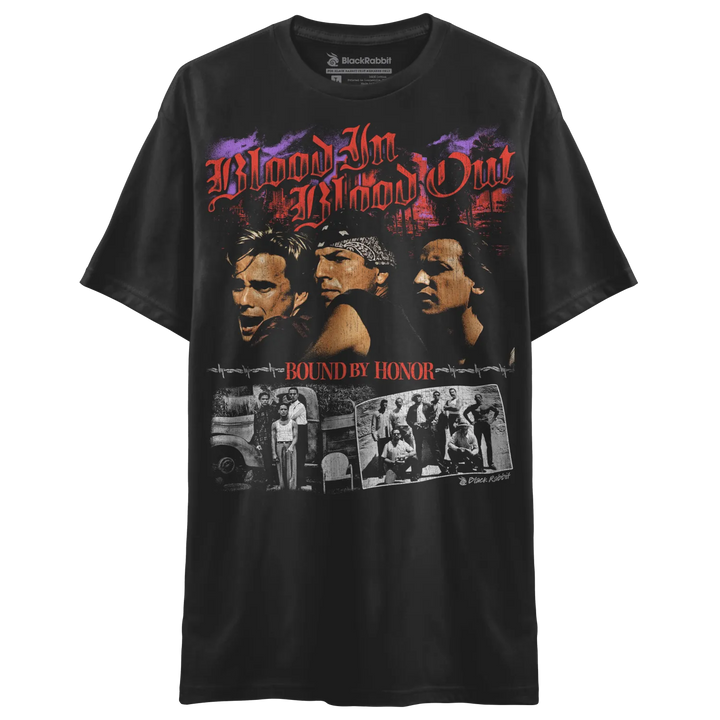 Black t-shirt with a ’Blood In Blood Out’ movie graphic.