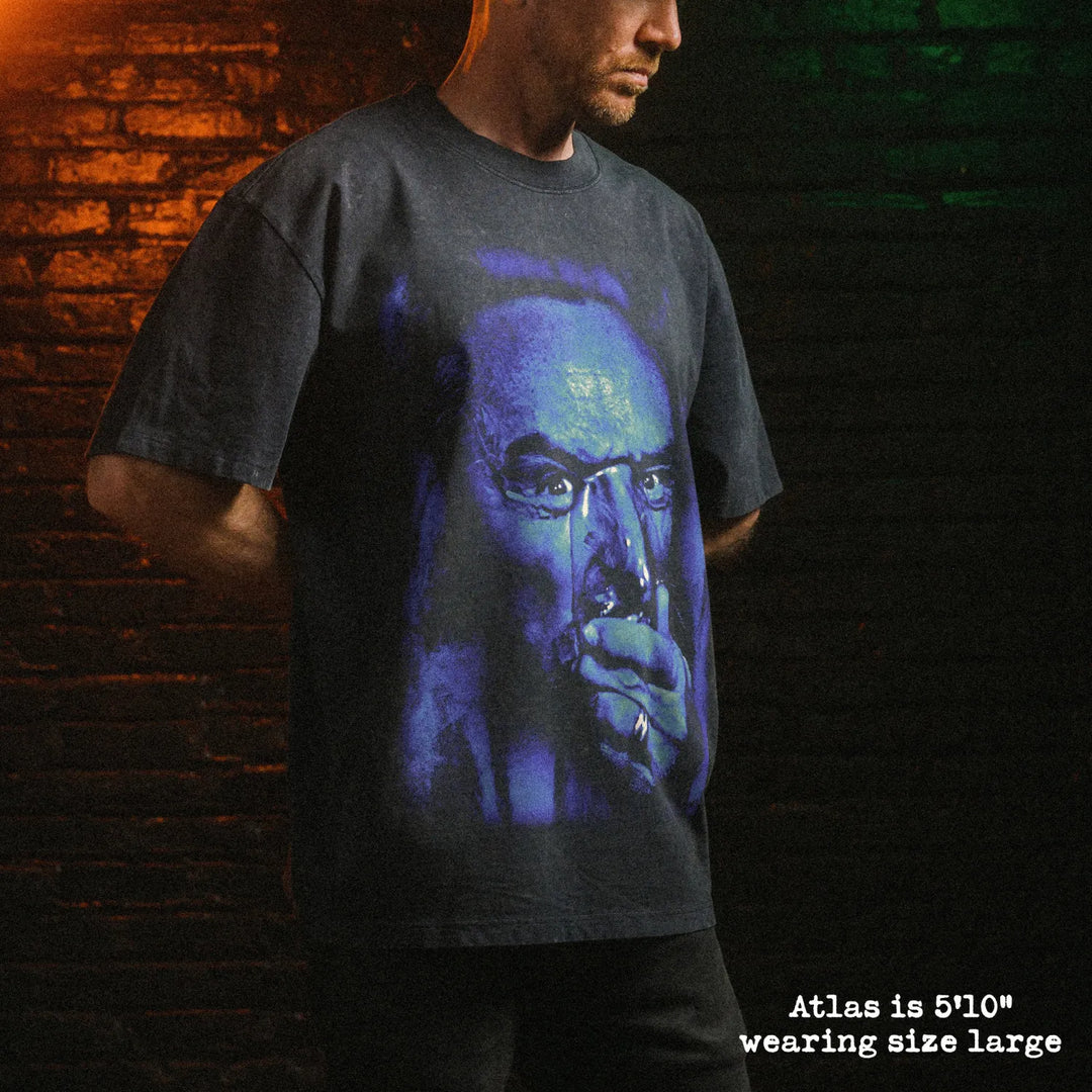 Male model wearing stone washed heavy tee with blue velvet frank graphic 