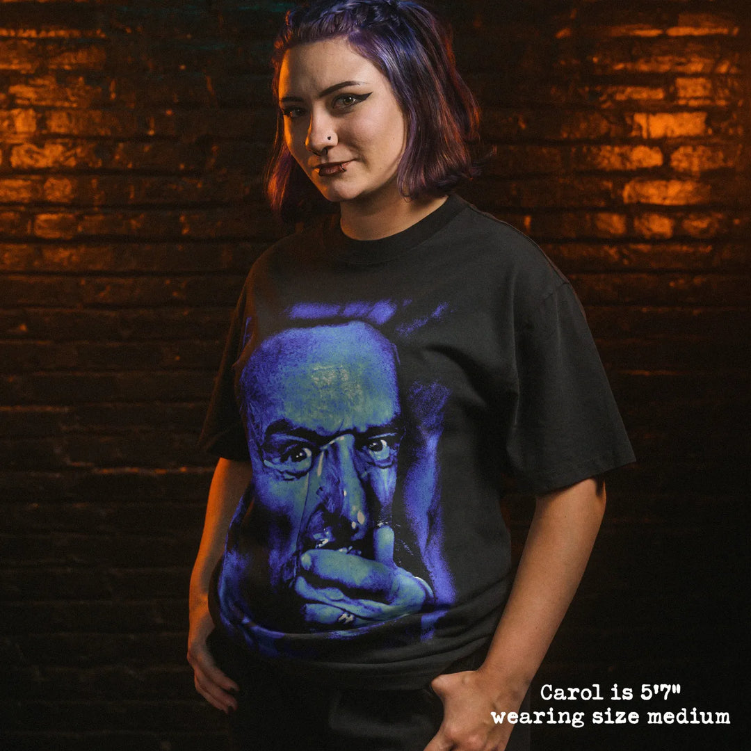 Model wearing heavy tee with Blue velvet frank graphic 