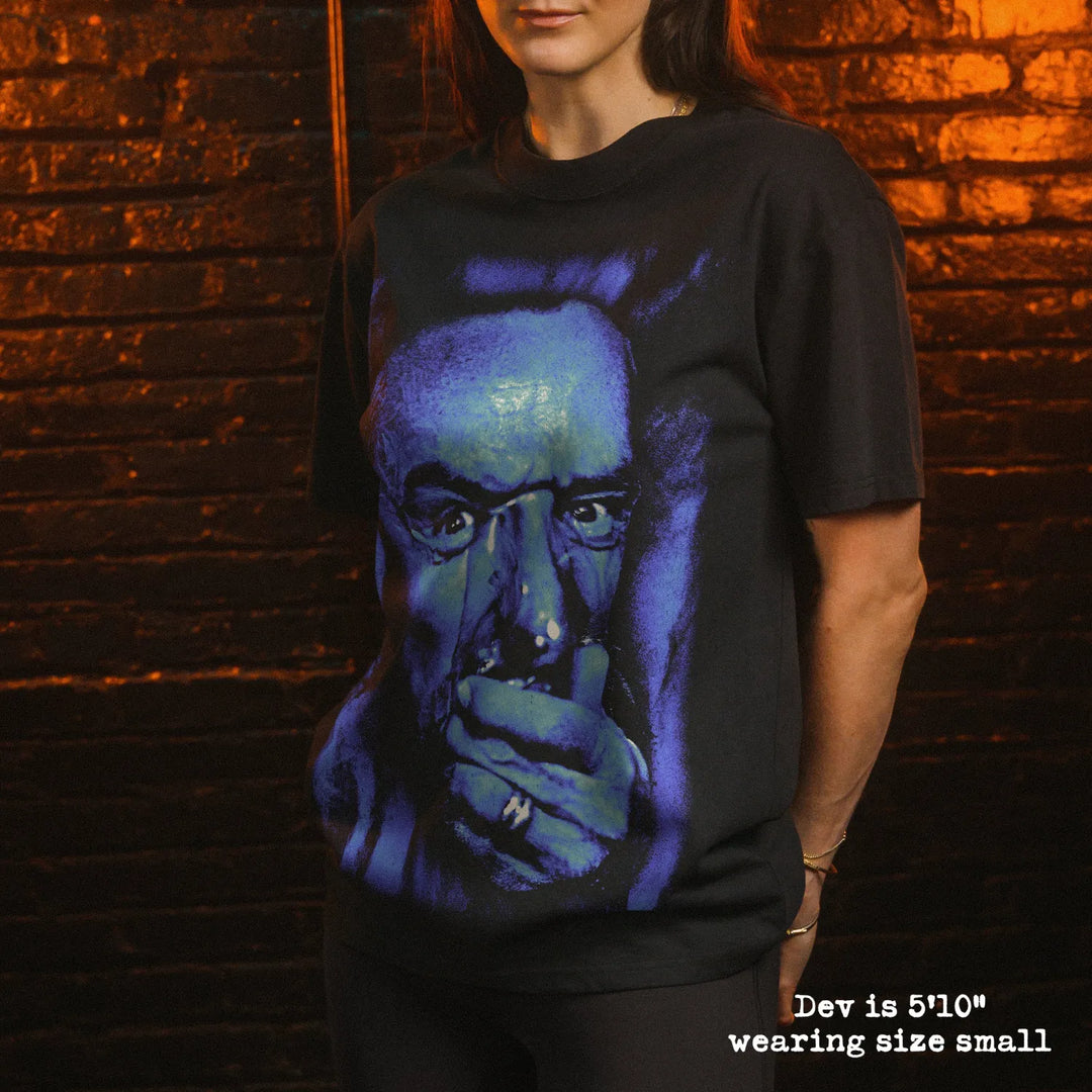 Model wearing heavy tee with Blue velvet frank graphic 
