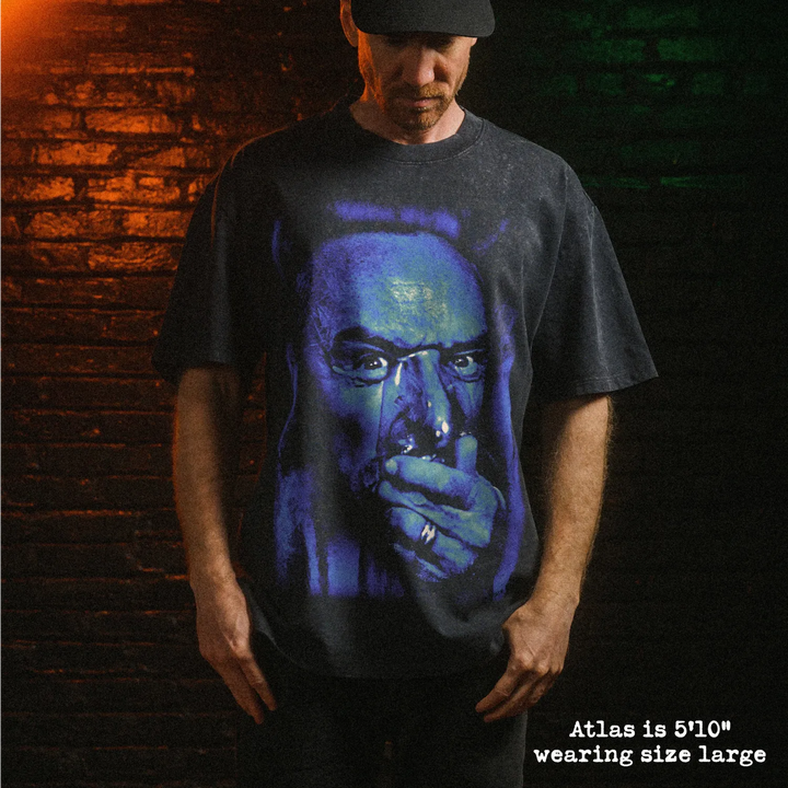 Male model wearing stone wash heavy tee with blue velvet frank graphic 